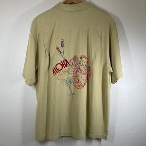 Kahala Hawaiian 100% Silk Camp Shirt Men M Hula Girl Cocktails Embroidered Aloha